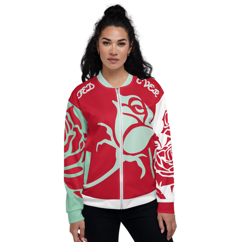 Red And Mint Rose Flower Unisex Bomber Jacket